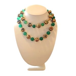 Rare Chinese Champleve Cloisonne Enamel Jadine/Green Chalcedony Beads Necklace.